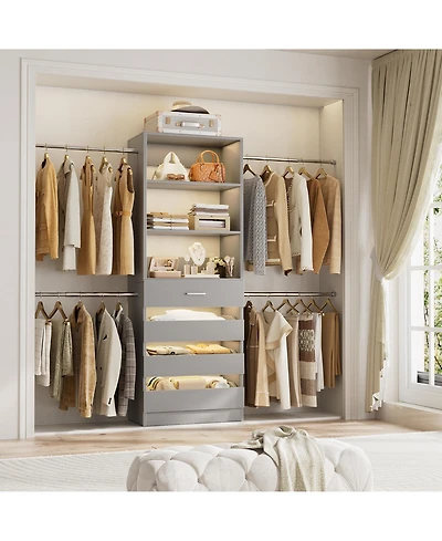 Aheaplus 8FT Wall Mounted Closet System with 4 Drawers and Hanging Rods, Garment Rack Shelves