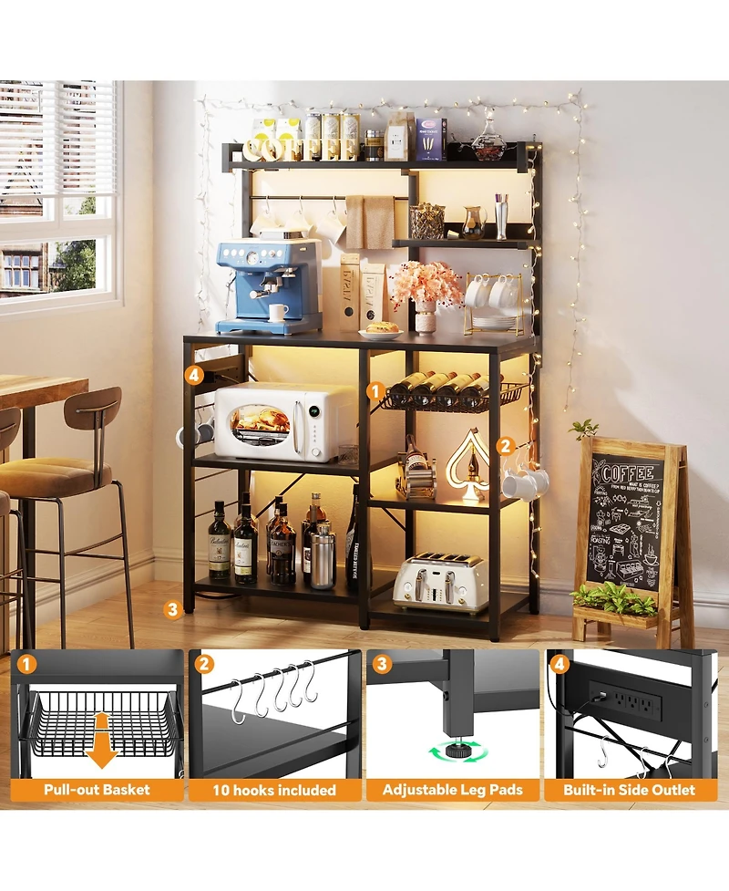 Kitchen Storage Shelf with Hooks, Coffee Bar Station Power Outlets & Led Light, Bakers Rack Pull-Out Basket