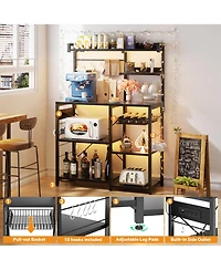 Kitchen Storage Shelf with Hooks, Coffee Bar Station Power Outlets & Led Light, Bakers Rack Pull-Out Basket
