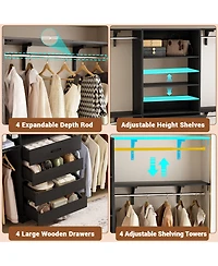 Aheaplus 96 inches Closet Organizer System with 4 Reversible Shelves and Wood Drawers, Wardrobe Clothes Rack Hanging Rods