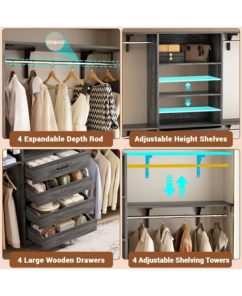 Aheaplus 96 inches Closet Organizer System with 4 Reversible Shelves and Wood Drawers, Wardrobe Clothes Rack Hanging Rods
