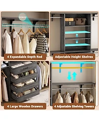 Aheaplus 96 inches Closet Organizer System with 4 Reversible Shelves and Wood Drawers, Wardrobe Clothes Rack Hanging Rods