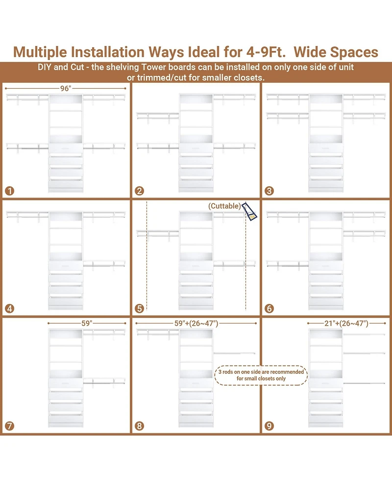 Aheaplus 96 inches Closet Organizer System with 4 Reversible Shelves and 4 Wood Drawers, Wardrobe Clothes Rack with 4 Hanging Rods