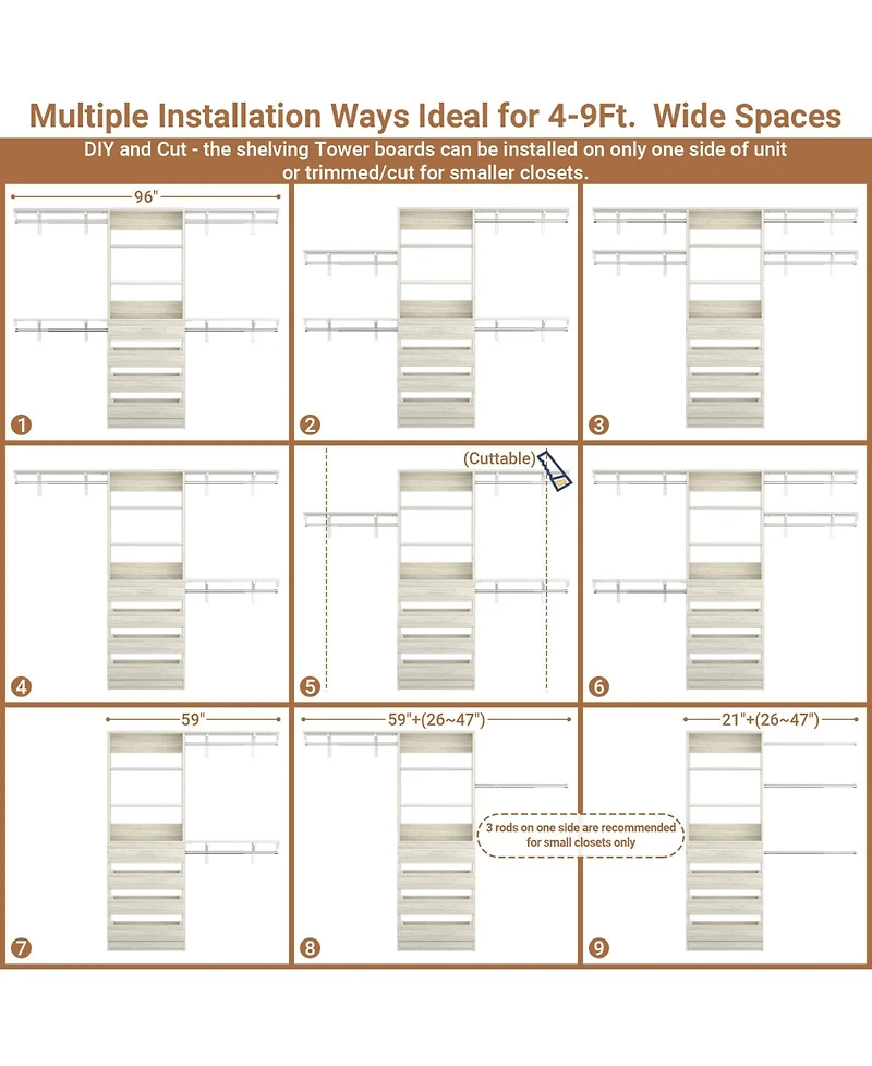 Aheaplus 96 inches Closet Organizer System with 4 Reversible Shelves and Wood Drawers, Wardrobe Clothes Rack Hanging Rods