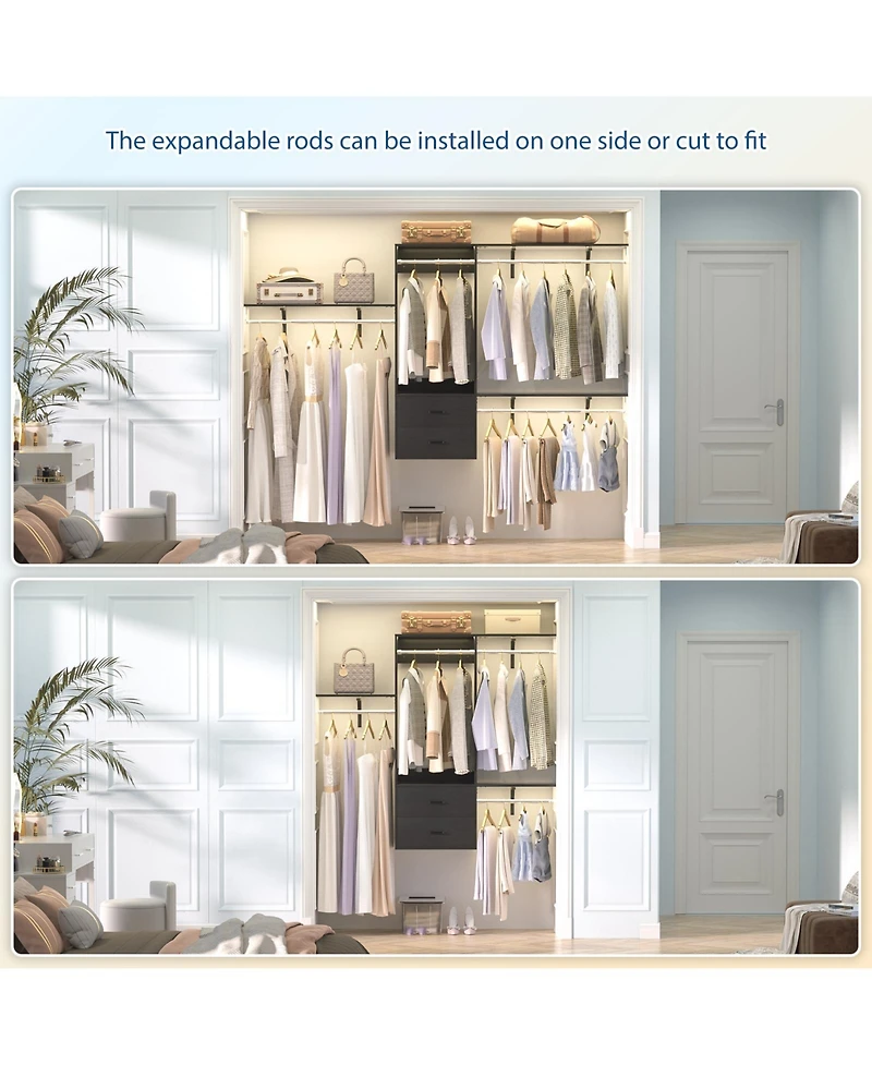 96 Inch Wall Mounted Closet Organizer System with 3 Shelves and Rods, Rack 2 Drawers