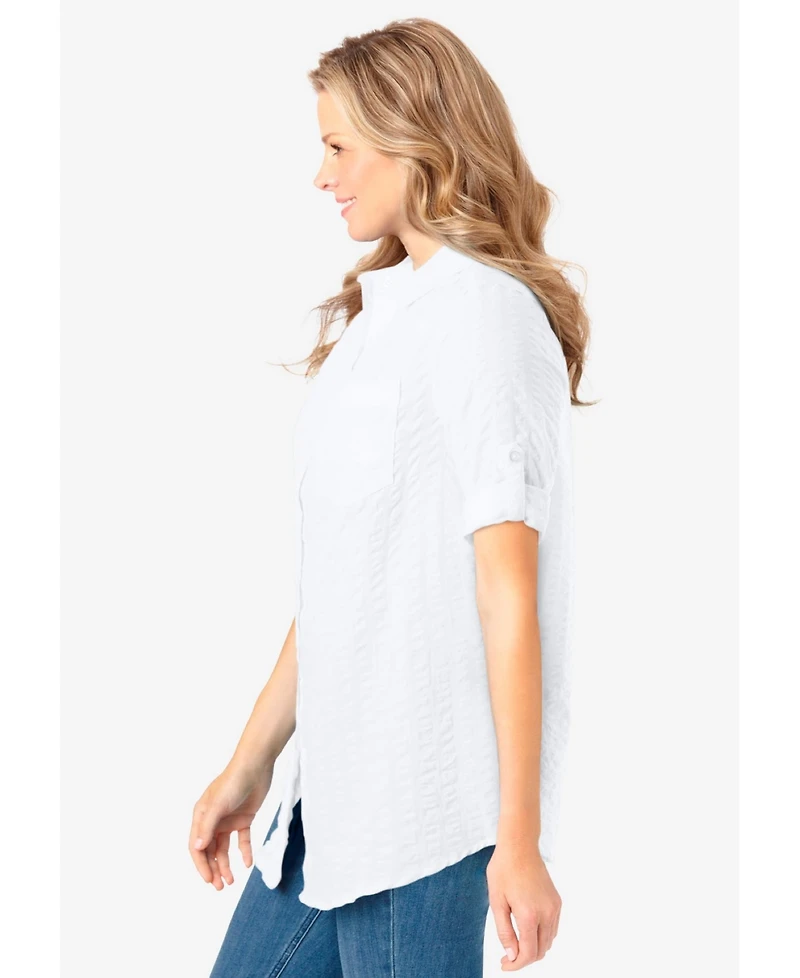 Woman Within Plus Short-Sleeve Button Down Seersucker Shirt