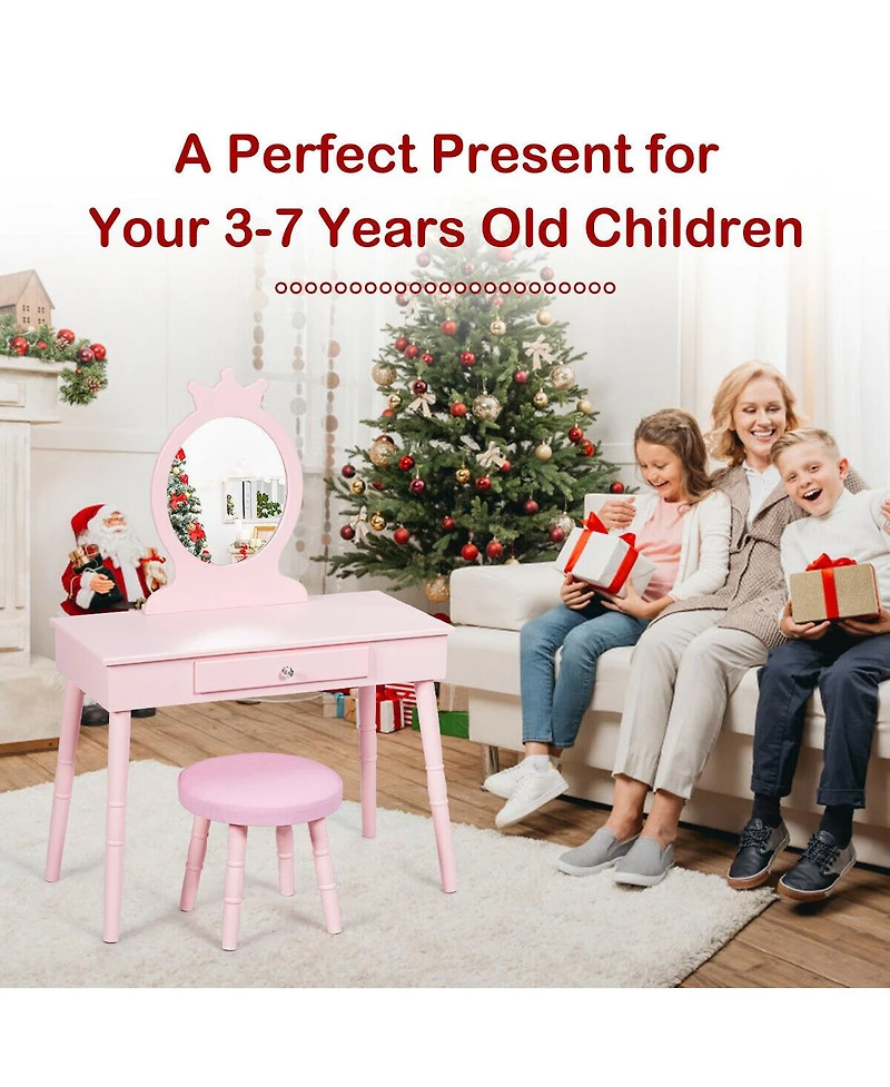 Gymax Kids Vanity Makeup Table & Chair Set Make Up Stool Play Set for Children