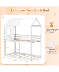 Gymax Twin over Twin House Bunk Bed Low-to-ground Bed Frame w/ Roof Solid Wood Bed