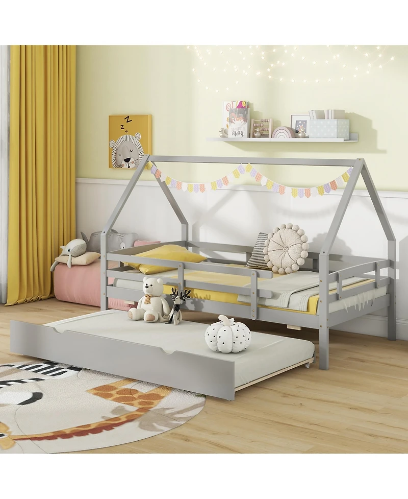 Gymax Twin House Bed w/ Trundle Wooden Kids Safety Rails & Decorable Roof