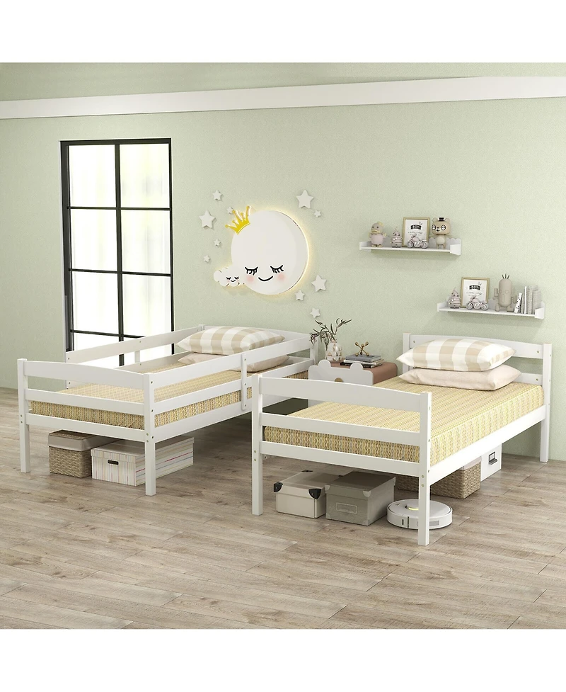 Gymax Twin Over Bunk Bed Wooden Convertible Into 2 Beds High Guardrails
