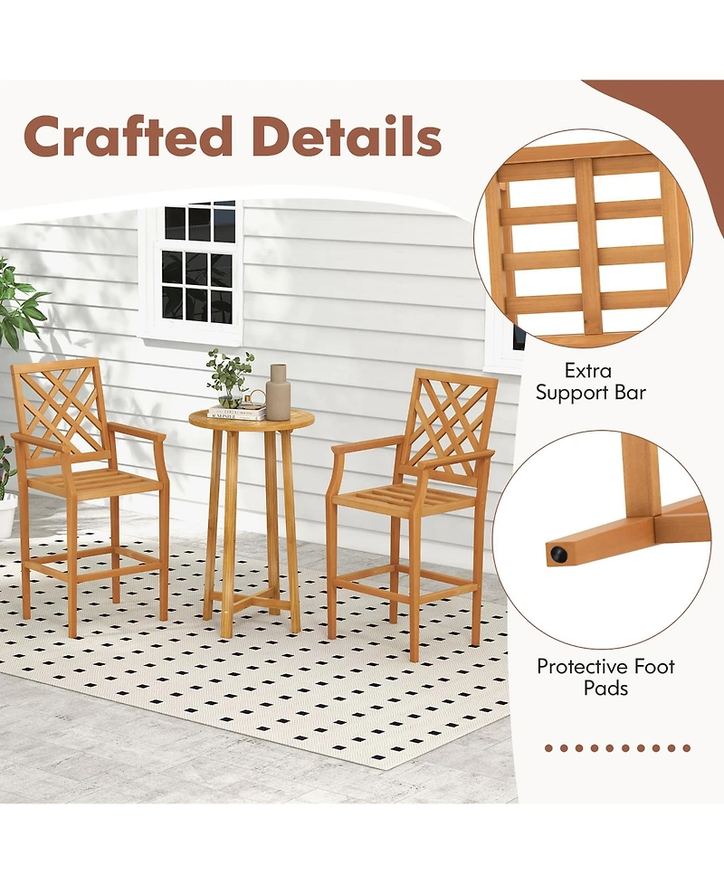 Gymax 3 Pcs Patio Bar Set Round Cocktail Table w/ 2 Stools w/ Backrest Armrests