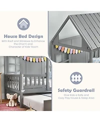 Gymax Twin Size House Bed with Trundle Fence Decor Wooden Windows Tall Roof