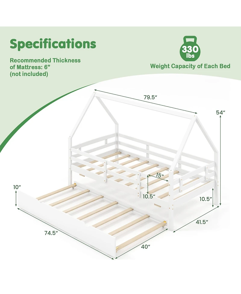 Gymax Twin House Bed w/ Trundle Wooden Kids Safety Rails & Decorable Roof