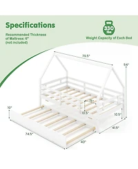 Gymax Twin House Bed w/ Trundle Wooden Kids Safety Rails & Decorable Roof
