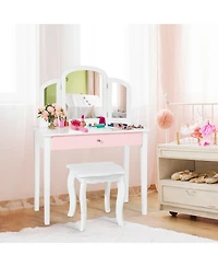 Gymax Kids Vanity Princess Make Up Dressing Table W/ Tri-folding Mirror & Chair