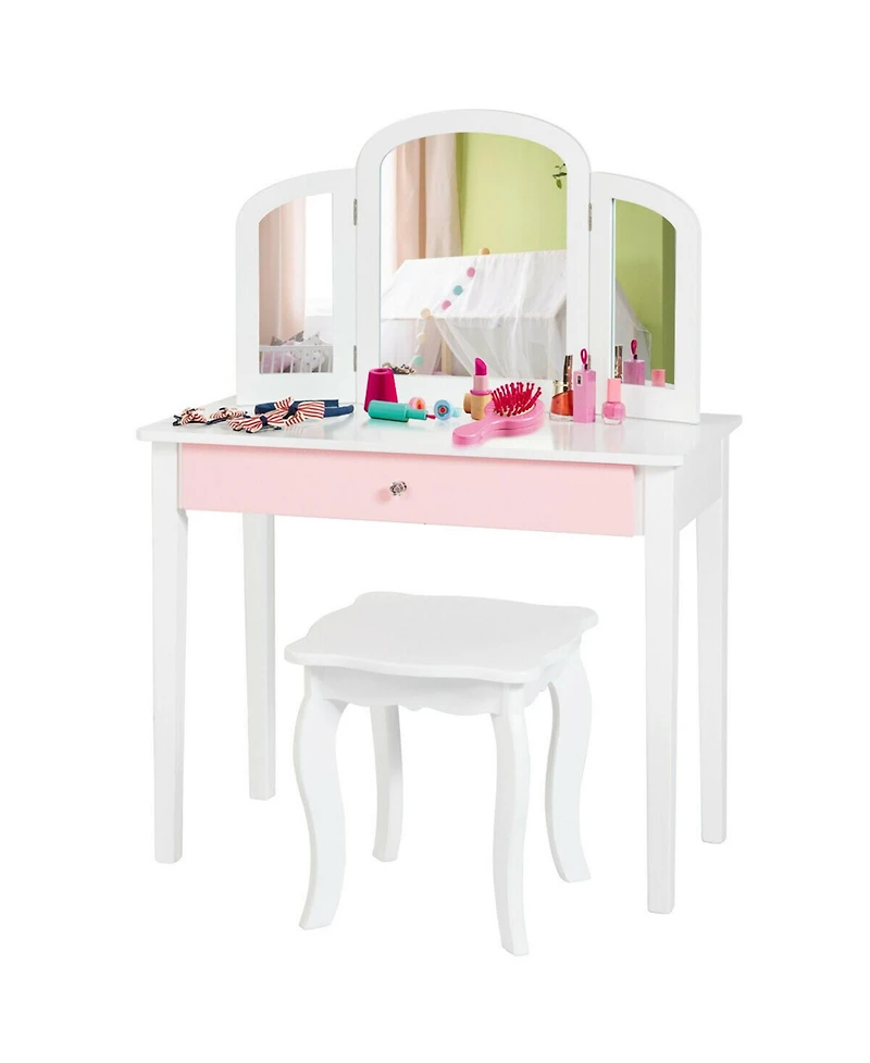 Gymax Kids Vanity Princess Make Up Dressing Table W/ Tri-folding Mirror & Chair
