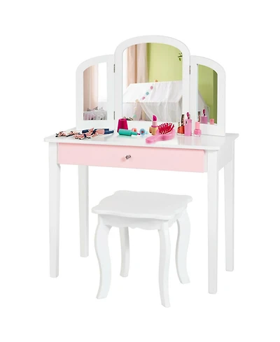 Gymax Kids Vanity Princess Make Up Dressing Table W/ Tri-folding Mirror & Chair