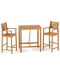 Gymax 3 Pcs Outdoor Acacia Wood Bar Set w/ Slatted Seat & Tabletop