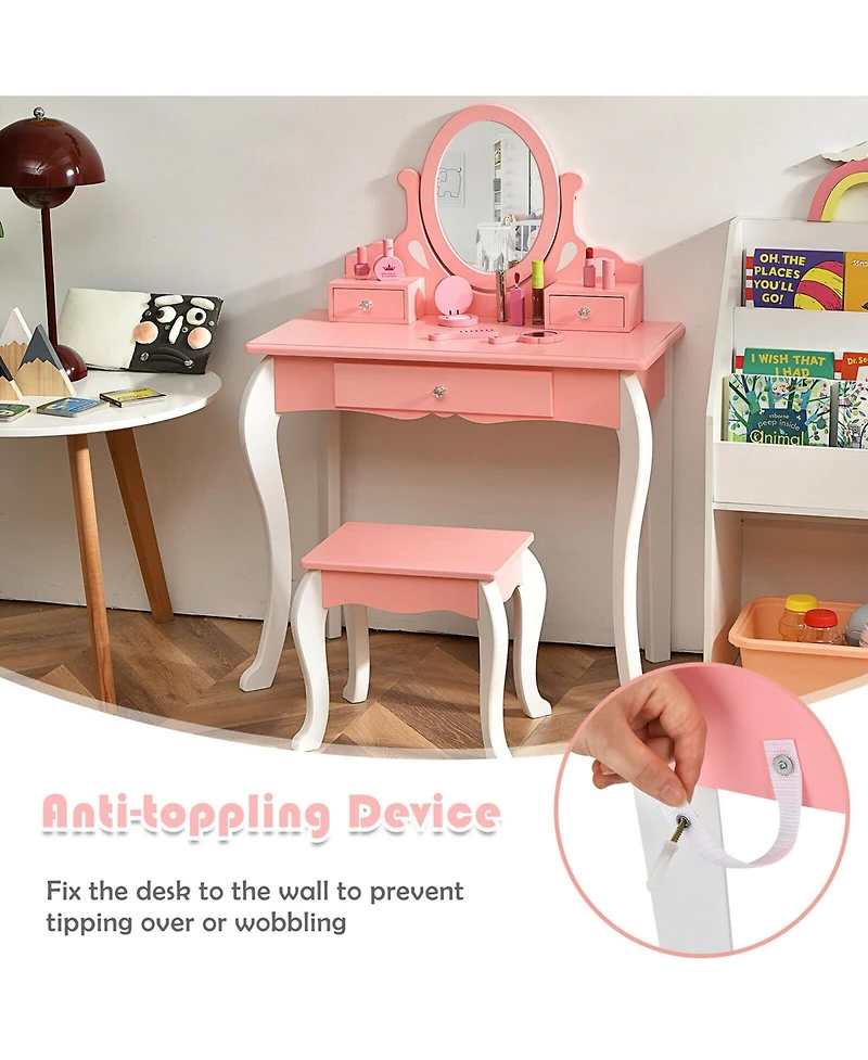 Gymax Kids Vanity Princess Makeup Dressing Table Stool Set W/ Mirror Drawer