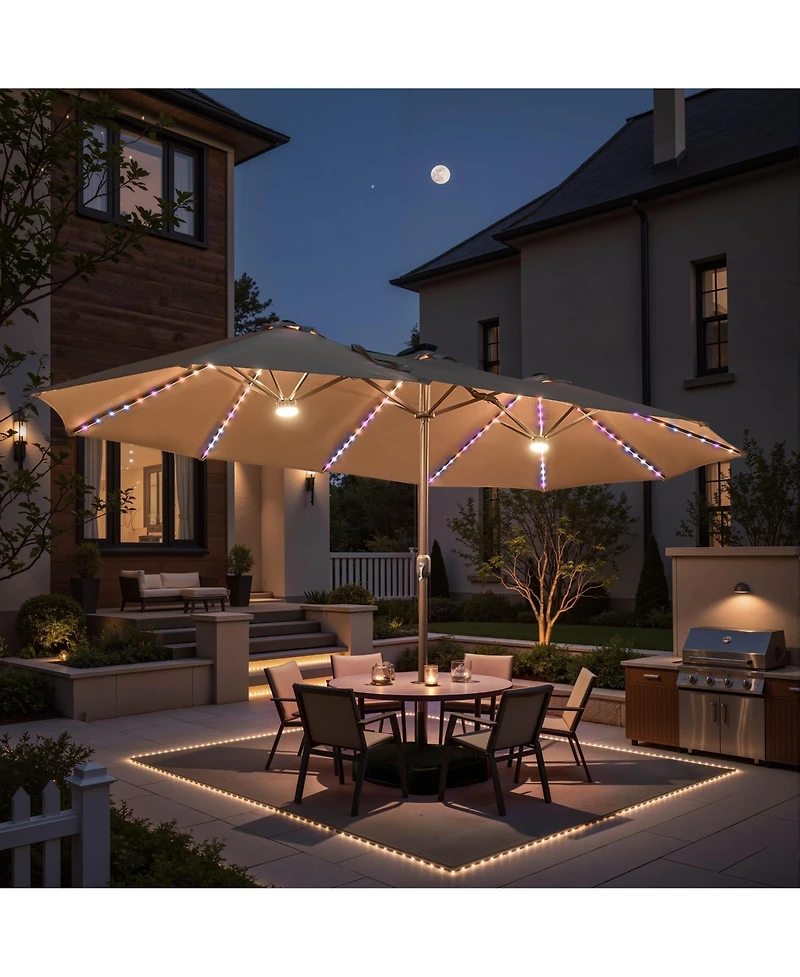 Xizzi 15ft Solar Umbrella Smart Led Lighted Patio Umbrella,12 Heavy Duty Ribs Large Outdoor Double Sided Rectangle with Light Modes and Base
