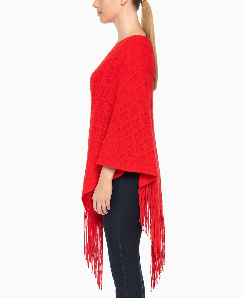White Mark Women's Open Knit Fringe Poncho Sweater