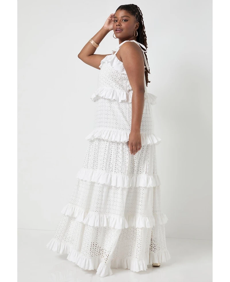 June + Vie Women's Plus Eyelet Tiered Maxi Dress