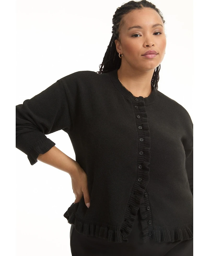 June + Vie Women's Plus Ruffle Hem Buttoned Sweater