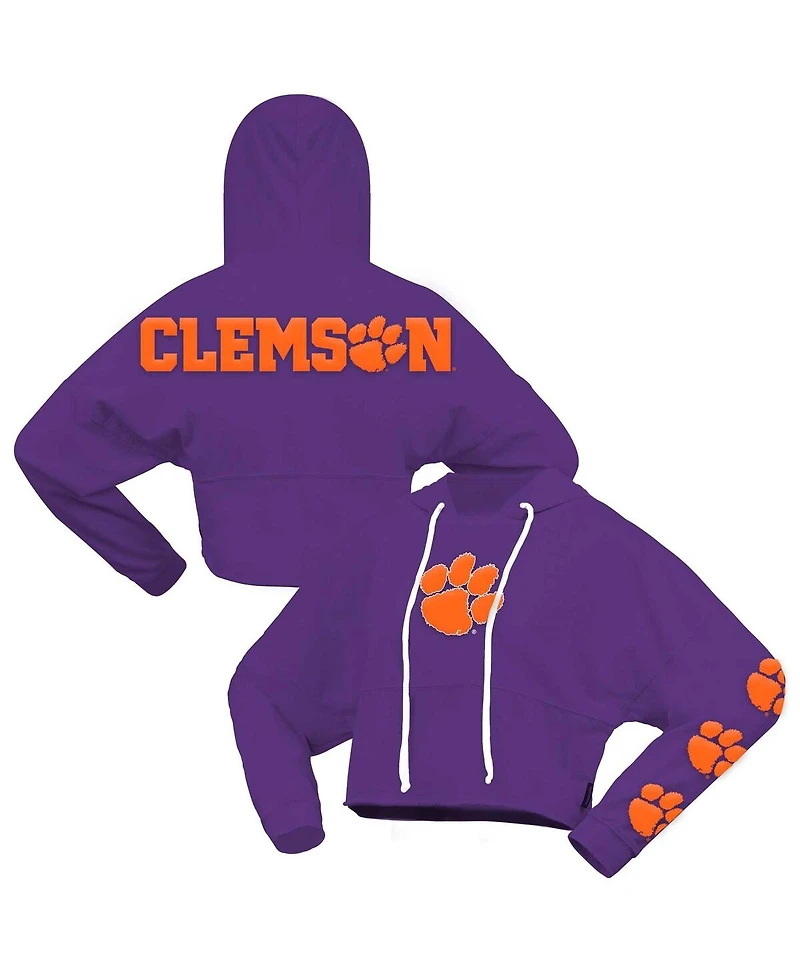 Spirit Jersey Women's Purple Clemson Tigers Oversized Cropped Pullover Hoodie