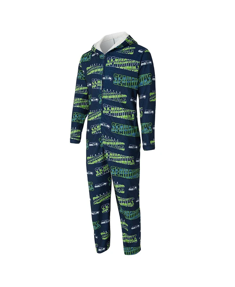 Concept Sport Men's College Navy Seattle Seahawks Shuffle All-Over-Print Microfleece Full-Zip Union Suit