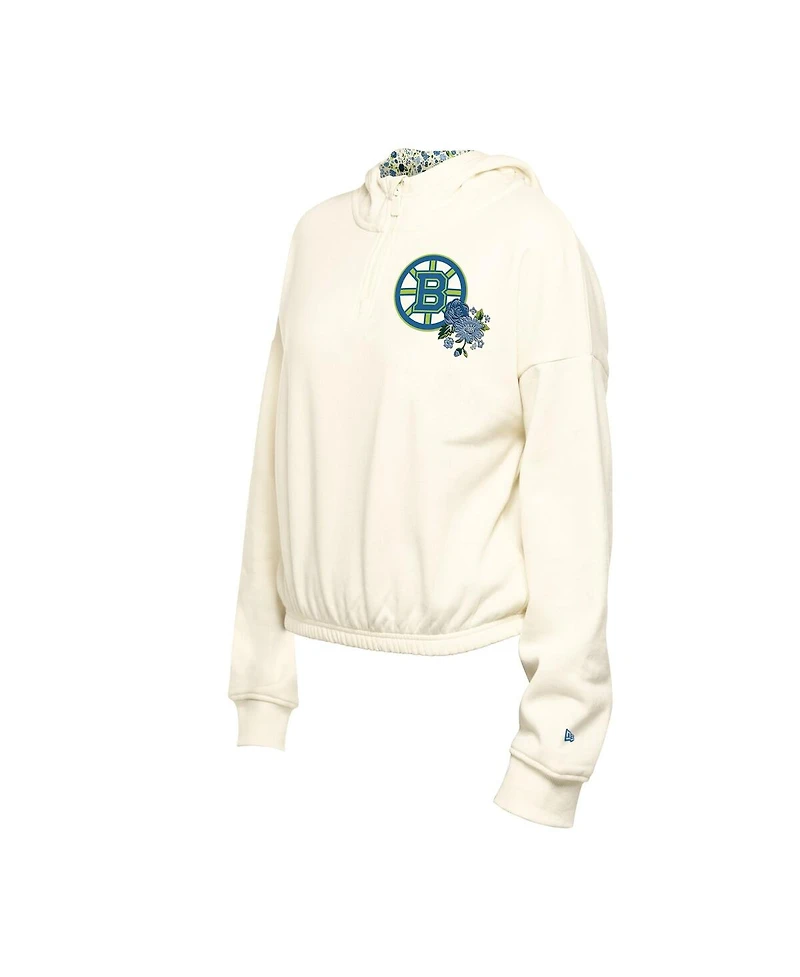 New Era Men's Cream Boston Bruins Glam Game Quarter-Zip Cropped Floral Hoodie Pullover