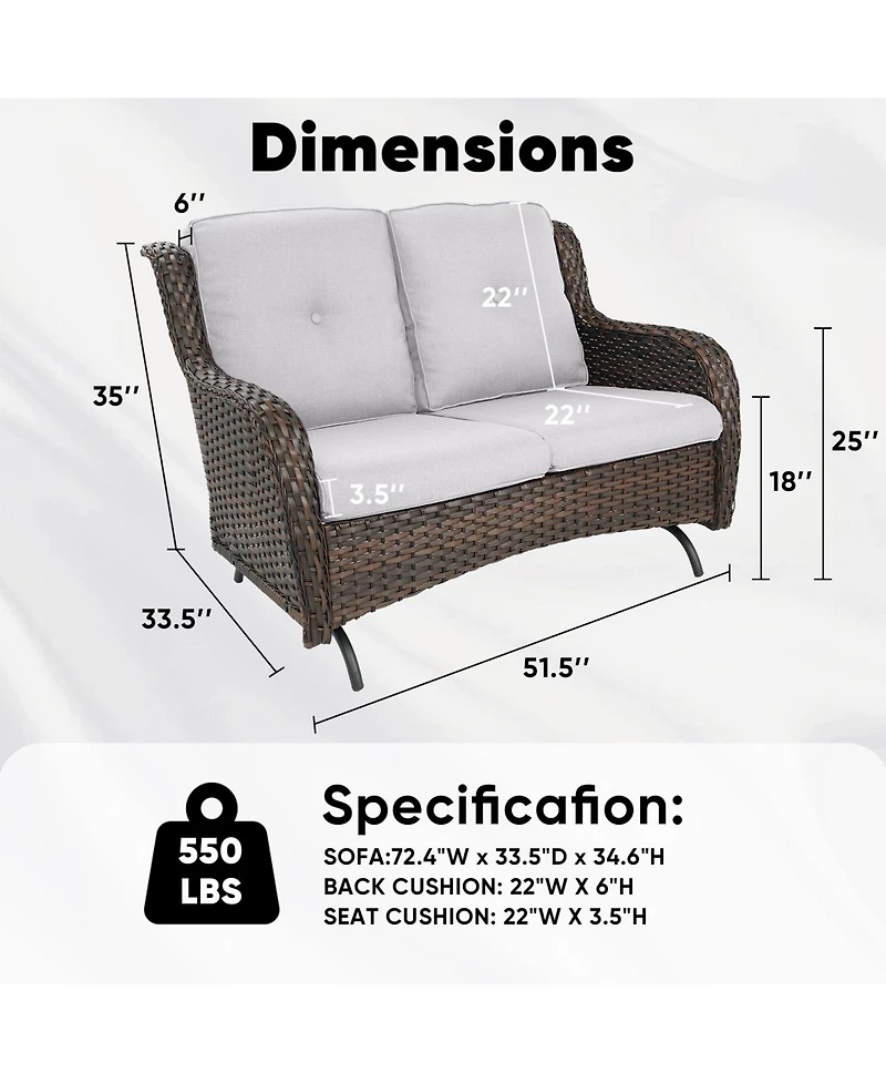 Gymojoy ArcLine 2-Person Wicker Rocking Bench Outdoor Glider Patio Rattan Loveseat with Olefin Cushions