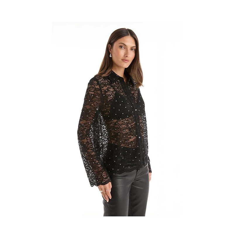 The Noli Shop Womens Jena Lace Button Up Shirt - Black