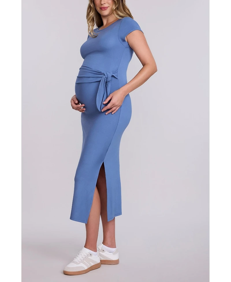Motherhood Maternity Crew Neck Short Sleeve Side Tie Midi Dress