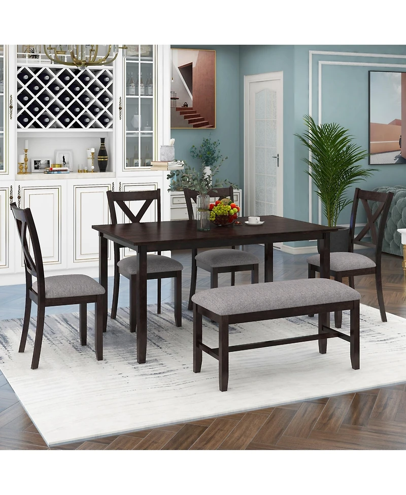 Casainc 6 Piece Wooden Dining Table Set with 4 Fabric Chairs and Bench for Kitchen or