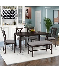 Casainc 6 Piece Wooden Dining Table Set with 4 Fabric Chairs and Bench for Kitchen or