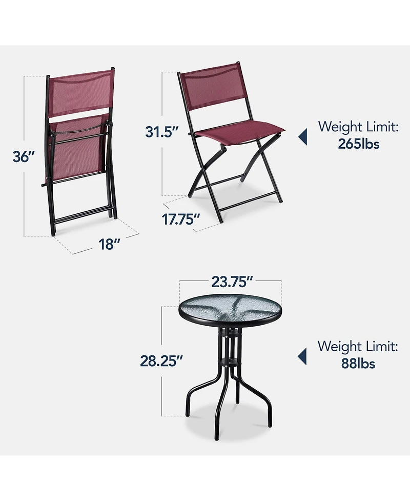 Best Choice Products 3-Piece Patio Bistro Dining Furniture Set w/ Round Textured Glass Tabletop, Folding Chairs