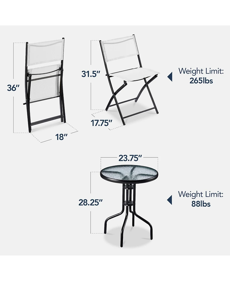 Best Choice Products 3-Piece Patio Bistro Dining Furniture Set w/ Round Textured Glass Tabletop, Folding Chairs