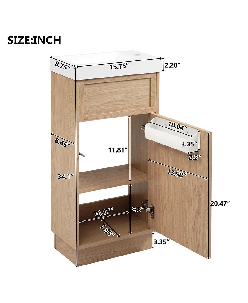 Casainc 15.75" Bathroom Vanity with Reversible Resin Sink, Adjustable Shelf, Push-to-Open Door and Reversible Cabinet