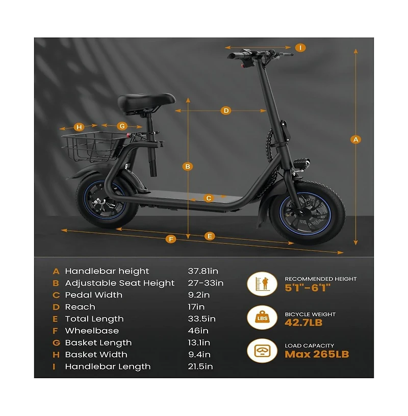 450W Electric Scooter for Unisex Adults: 265LBS MaxLoad, 22 Miles Range, 15.5MPH Top Speed, 3 Modes, Adjustable Seat, Lcd Display