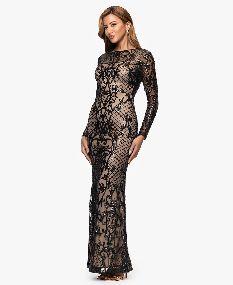 Betsy & Adam Women's Long Sequined Stretch Gown