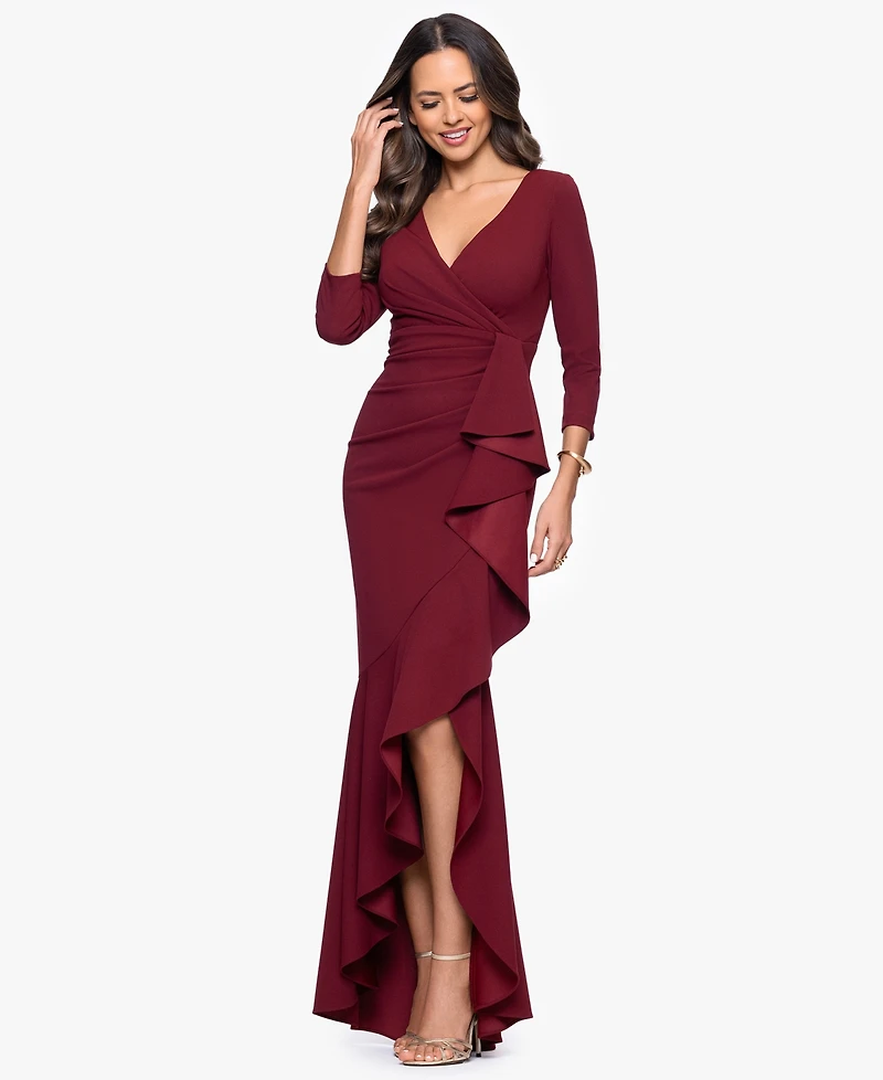 Betsy & Adam Women's Long Cascading Ruffle Gown