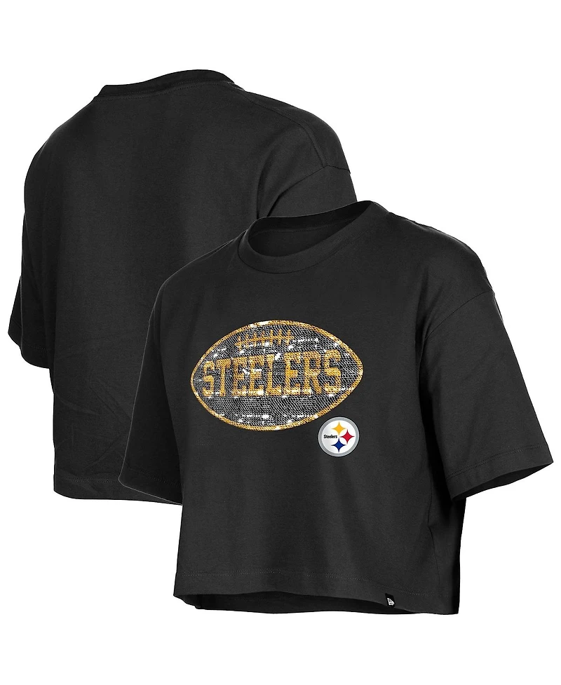 New Era Girl's Black Pittsburgh Steelers Flip Sequin Boxy T-Shirt