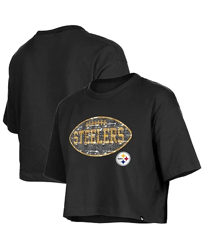 New Era Girl's Black Pittsburgh Steelers Flip Sequin Boxy T-Shirt