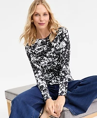 I.n.c. International Concepts Women's Printed Long-Sleeve Shirred-Front Top, Macy's Exclusive