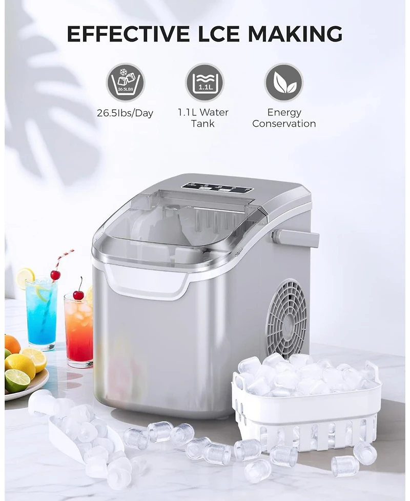 Cowsar Countertop Ice Maker Machine, 8 Ice Cubes in 6 mins, 26lb/Day Ice with 2 Sizes- Portable Mini, Basket/Scoop for Home/Party/Bar