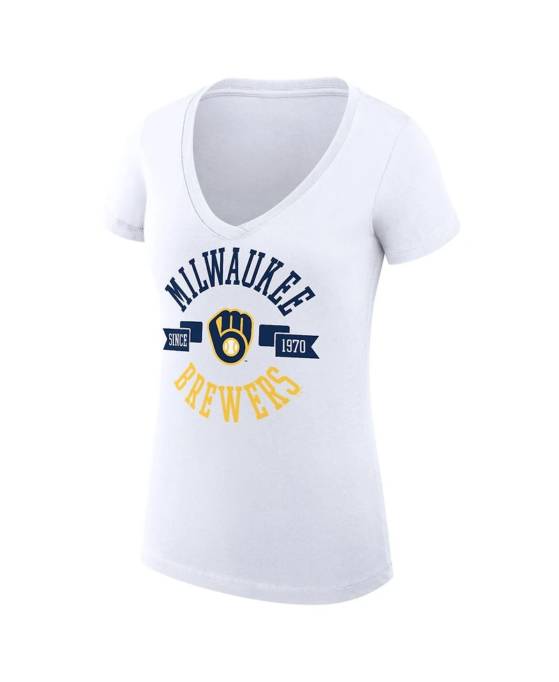 G-iii 4Her by Carl Banks Women's White Milwaukee Brewers Super-Slim Fit Lightweight City Graphic V-Neck T-Shirt