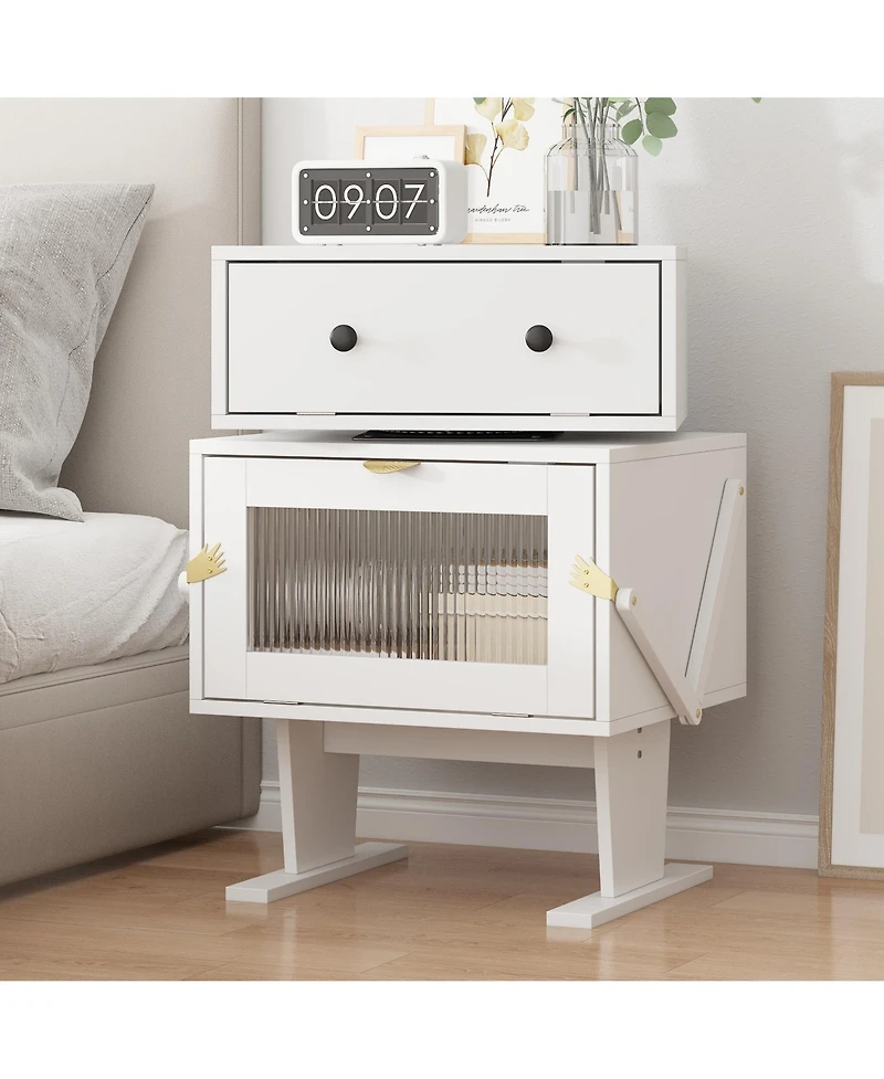 Bedside Table with Glass Door, Side Table with Rotatable Head, End table for Bedrooms, Children