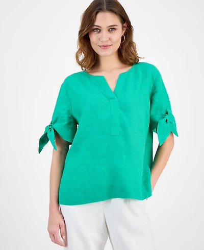 Charter Club Women's 100% Linen Split-Neck Tie-Cuff Top, Created for Macy's