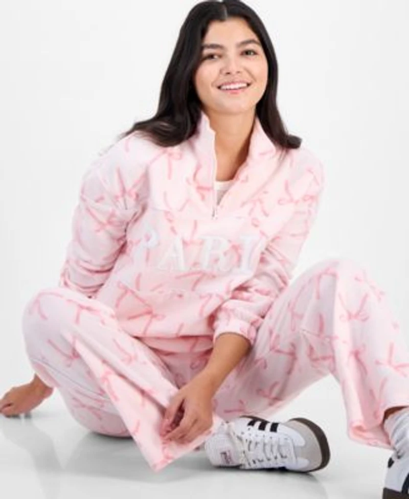 Rebellious One Juniors Paris Bow Print Quarter Zip Fleece Top Paris Bow Print Fleece Sweatpants