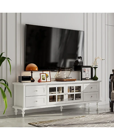 Tv Stand with 2 Glass Doors and 4 Drawers, Media Console , Entertainment Center